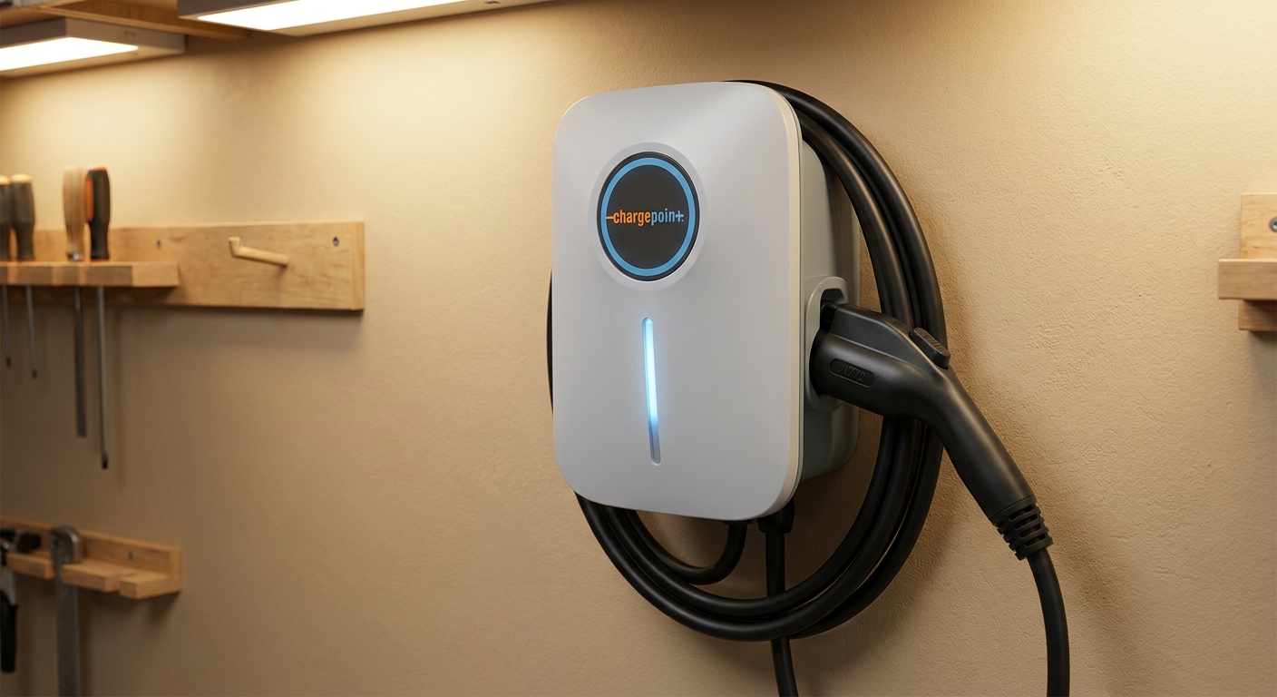 ChargePoint Home Flex Level 2 EV Charger mounted on garage wall — Flexible 50A Hardwired or NEMA 14-50 Plug-in Home Charging Station