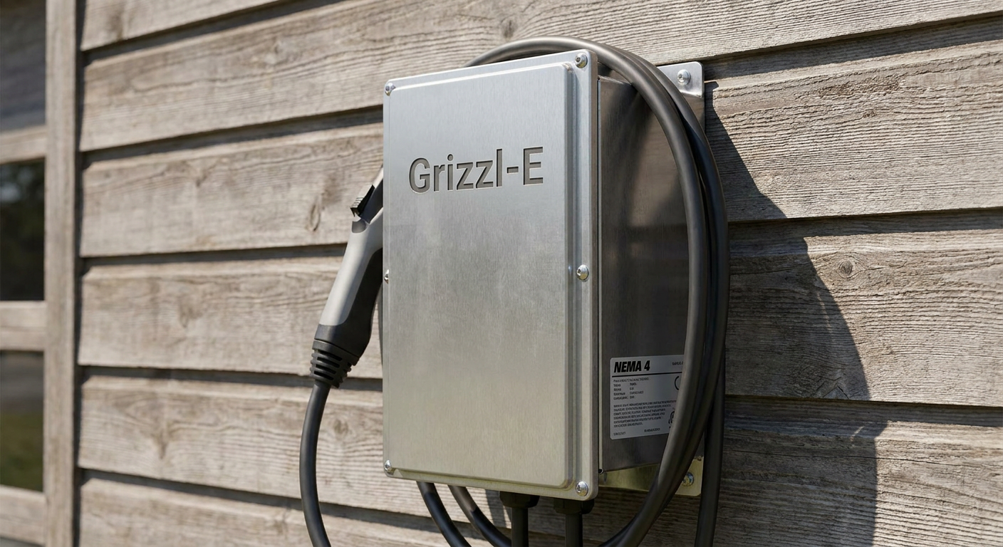 Grizzl-E Classic Level 2 EV Charger mounted outdoors — Rugged Metal Enclosure UL Type 4 Weatherproof Home Charging Station