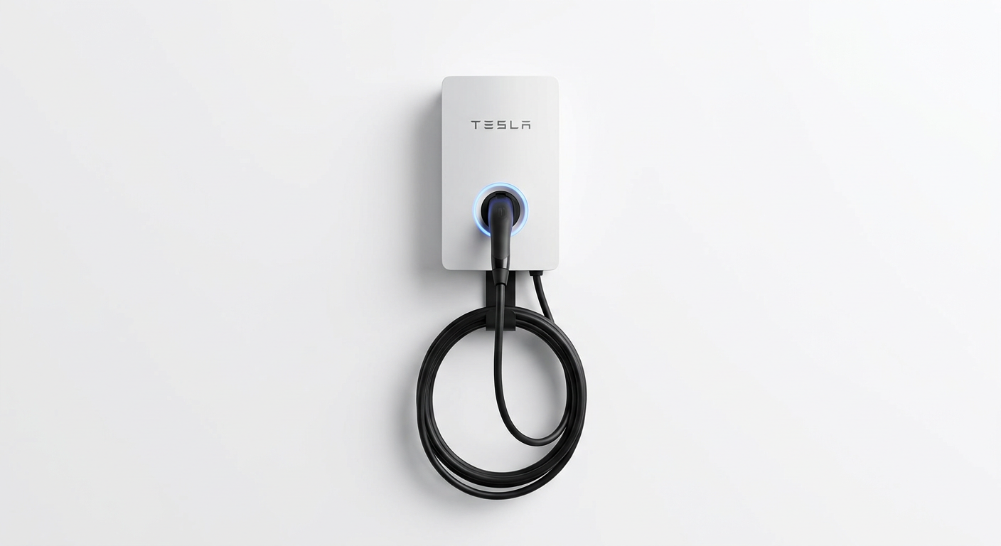 Tesla Wall Connector Gen 3 Level 2 EV Charger mounted on garage wall — 48A Hardwired Home Charging Station for Tesla Model 3 Model Y
