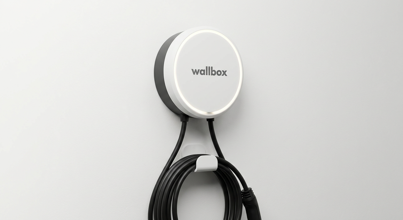 Wallbox Pulsar Plus compact disc-shaped Level 2 EV Charger mounted on garage wall — Most Compact 40A Smart Home EV Charging Station